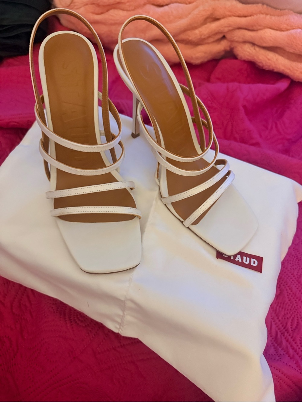 STAUD White Multi-Strap Square Toe Heeled Sandals